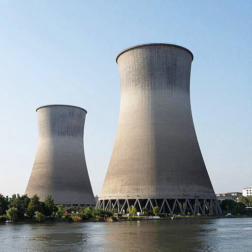 Photograph of two tall, cylindrical cooling towers with a reflective water surface in the foreground and a clear blue sky above.