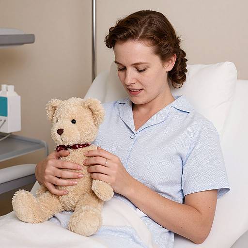Photograph of a brunette woman in a white hospital gown, sitting in a hospital bed, gently holding a beige teddy bear with a red ribbon.