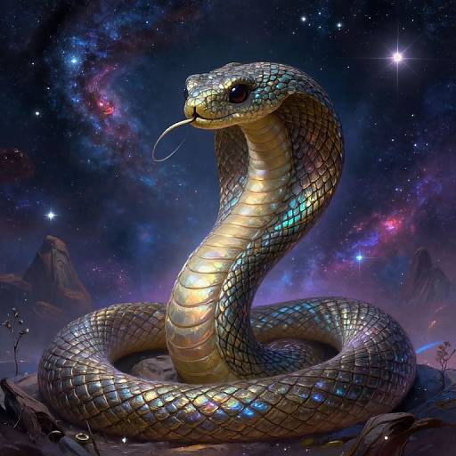 Digital artwork of a glowing, iridescent snake with shimmering scales coiled in a rocky, starlit, cosmic landscape.