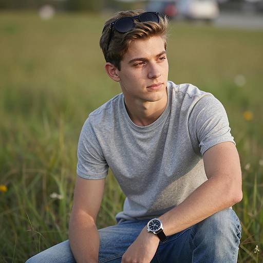 Young Man in Grassy Field at Dusk