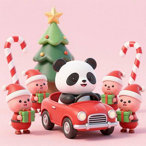 Panda Driving Red Car with Christmas Elves