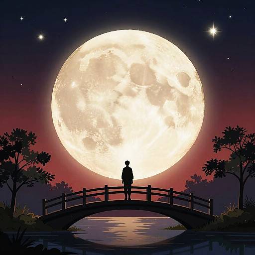 Silhouetted person stands on bridge, gazing at massive, glowing full moon, surrounded by trees and stars, in a serene night scene.