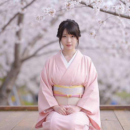 Photograph of a young Asian woman in a pink kimono with yellow obi, seated against a blurred cherry blossom background.