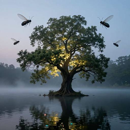 Photograph of a misty, reflective lake with a glowing tree centered, surrounded by flying black mosquitoes, set against a blue dawn sky.