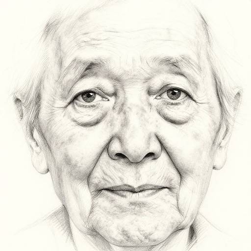 Black and white pencil sketch of an elderly man with wrinkled skin, short white hair, and a gentle expression, focusing on his face against a plain