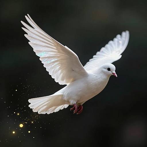 Photograph of a white dove in mid-flight, wings spread wide, with a glowing effect against a dark, sparkling background.