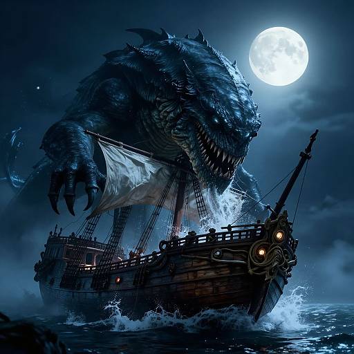 Kraken Attacking Pirate Ship at Night