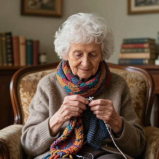 Cozy Elderly Woman Knitting Scarf