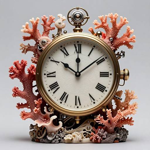 Photograph of an ornate, vintage-style clock with coral, gears, and marine-themed decorations, featuring a white face with black Roman numerals.