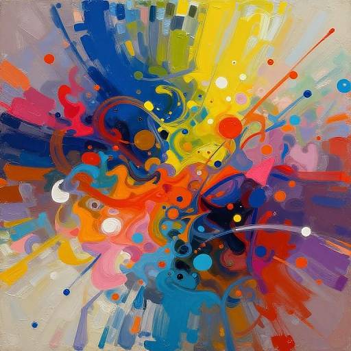 Vibrant abstract painting with bold splashes of blue, yellow, red, and orange, featuring dynamic brushstrokes, circles, and linear elements