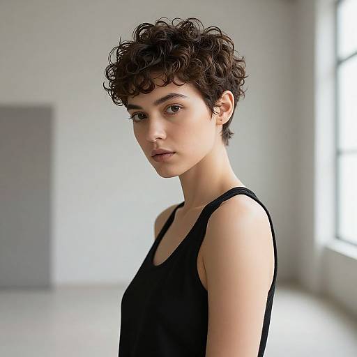 Curly Pixie Hairstyle in Minimalist Studio