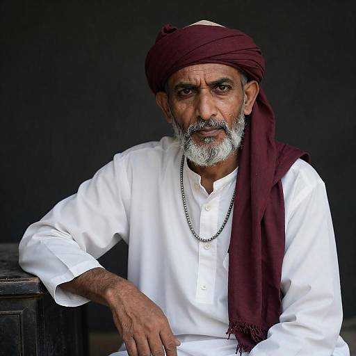 Middle-aged Man in Maroon Headscarf and White Shirt