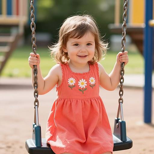 Photograph of a smiling young girl with light brown hair, wearing a red dress with white daisy embroidery, sitting on a swing in a sunny playground
