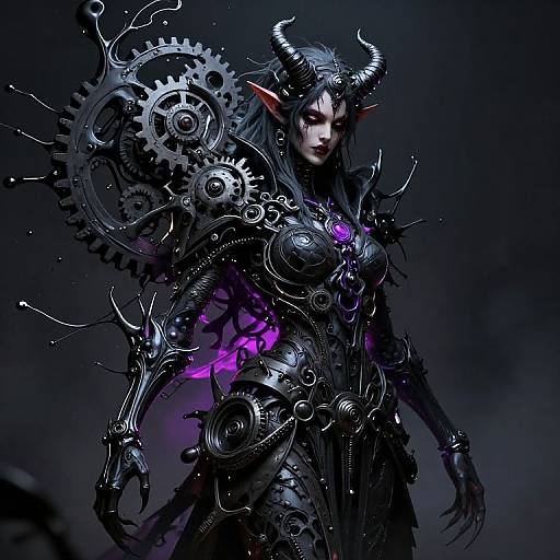 Digital artwork of a dark, cybernetic, demonic female figure with black horns, glowing purple accents, and intricate mechanical gears on her armor, set