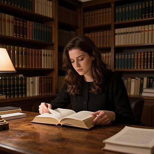 Photograph of a young woman with long brown hair, wearing a black blouse, reading an open book under a warm lamp, surrounded by bookshelves