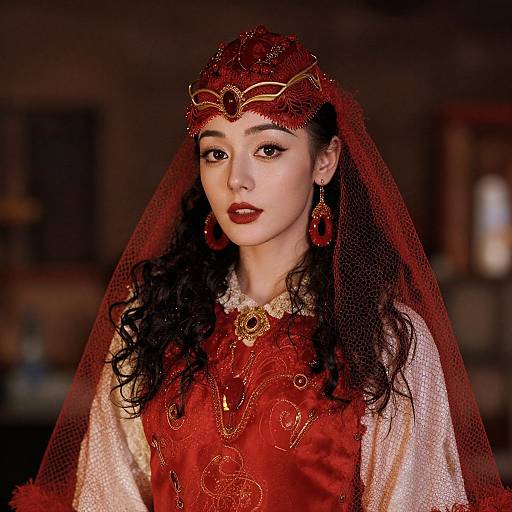 Photograph of an Asian woman with fair skin, wearing a red regal dress, gold jewelry, red veil, and intricate crown, set in a