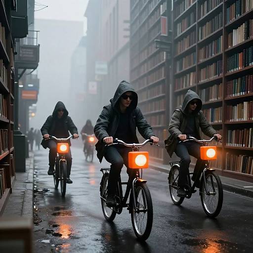 Photograph of three cyclists in hooded jackets riding through a foggy, rainy urban street lined with tall library bookshelves, each with bright orange