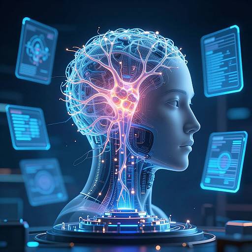 Digital artwork of a blue-lit, cybernetic human head with glowing neural networks and holographic screens in the background.