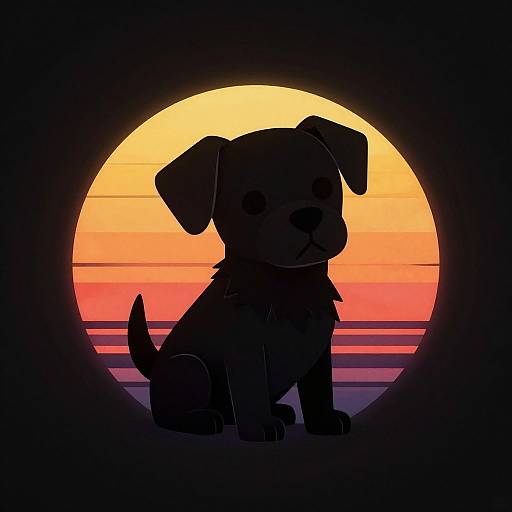 Silhouetted cute puppy sitting against vibrant, retro-styled sunset circle with horizontal stripes in yellow, orange, and pink. Digital art.
