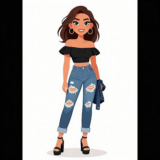 Digital illustration of a smiling woman with tan skin, brown hair, large hoop earrings, black off-shoulder top, ripped blue jeans, and black