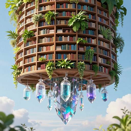 Digital art of a floating, cylindrical library with lush greenery, suspended by sparkling, crystal-like orbs against a bright blue sky.