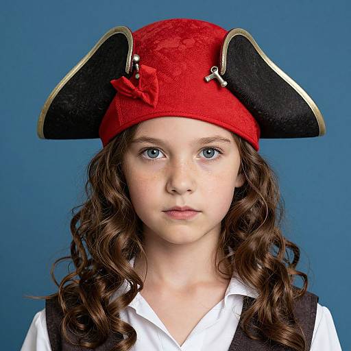 Photograph of a young girl with blue eyes, wearing a red tricorn hat, black and gold trim, and white shirt, against a blue background