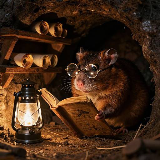 Photograph of a brown, bespectacled mouse reading a book by a glowing lantern in a dimly lit, cave-like wooden nest.