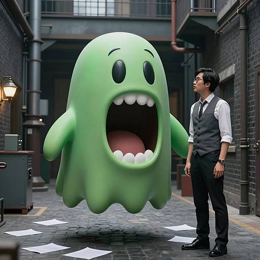 Eerie Green Ghost in Industrial Setting