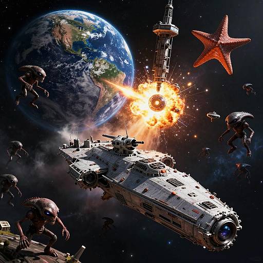 Digital artwork of a starship under fire in space, with Earth in the background, alien creatures attacking, and a large red starfish nearby. Bright