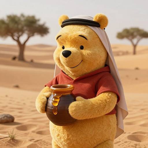 CGI image of a yellow bear in a red shirt and white headscarf, holding a honey jar in a sunny, sandy desert with sparse trees
