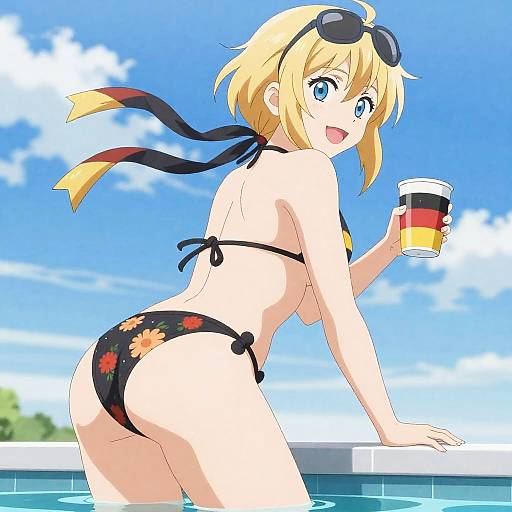 Anime Girl in German Flag Bikini at Pool