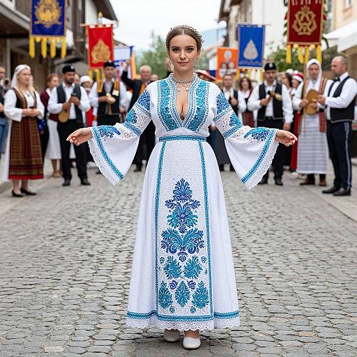 Photograph of a woman in a white, blue-embroidered traditional dress, standing on a cobblestone street during a cultural festival with a