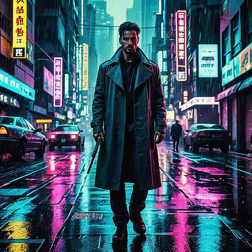 Cyberpunk Detective on Neon Rainy Street