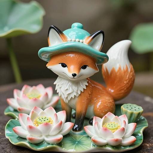 Whimsical Fox Sculpture with Lotus