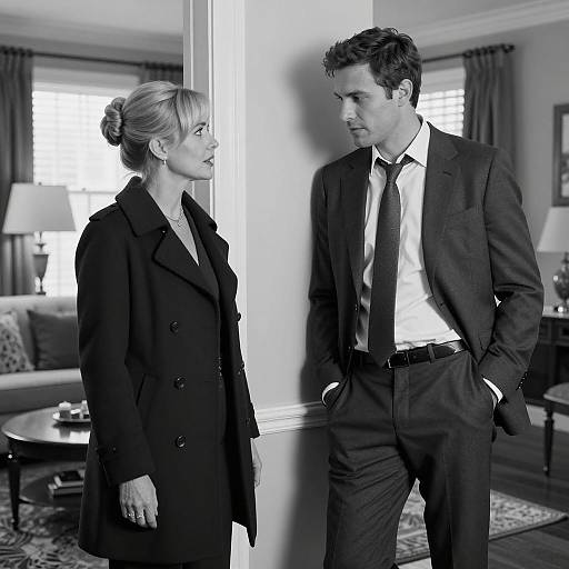 Black and White Photo of Man and Woman in Living Room