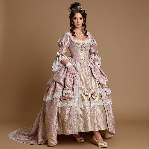 Photograph of a woman in an elaborate, 18th-century pink satin dress with white lace trim, puffed sleeves, and a long train,