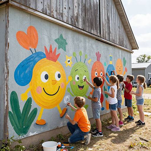 Kids Painting Cheerful Barn Mural
