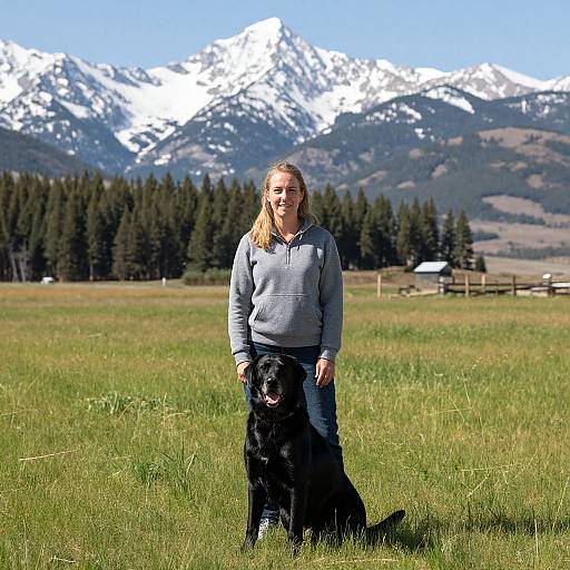 Photograph of a blonde woman in a gray hoodie standing in a grassy field with a black Labrador, snowy mountains and pine trees in the background.