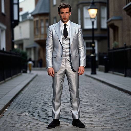 Photograph of a handsome man in a shiny silver suit, black tie, and black shoes standing on a cobblestone street at dusk. Blurred