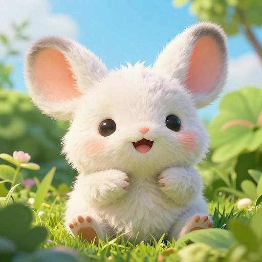 Cute CGI white fluffy mouse with large black eyes and pink ears, sitting on bright green grass, smiling under a blue sky.