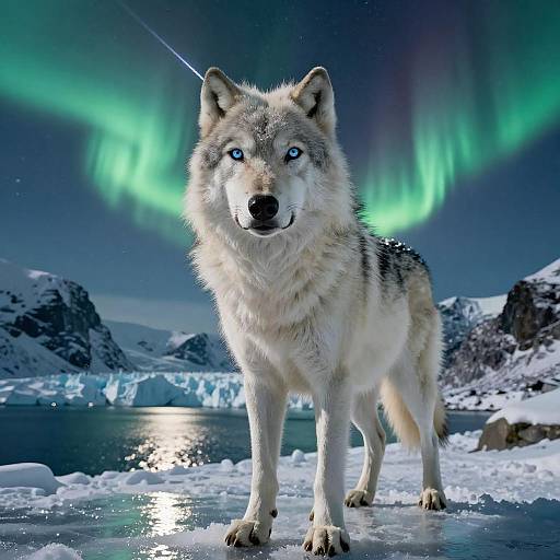 Majestic White Wolf Beneath Aurora Borealis