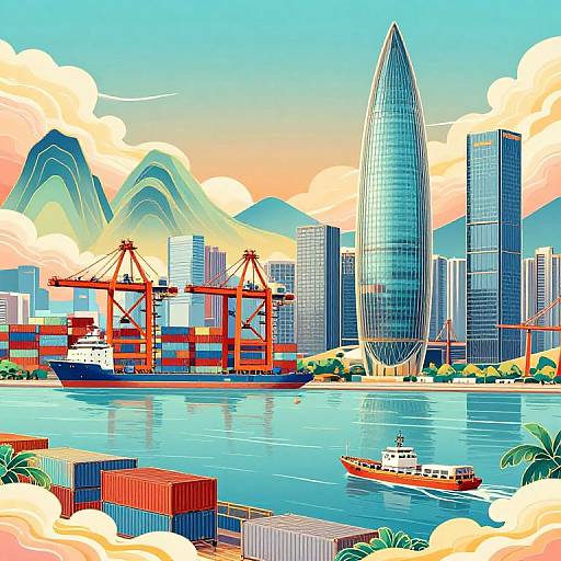 Vibrant digital illustration of a modern cityscape with a tall, sleek skyscraper, red cranes, cargo ships, and palm trees by a