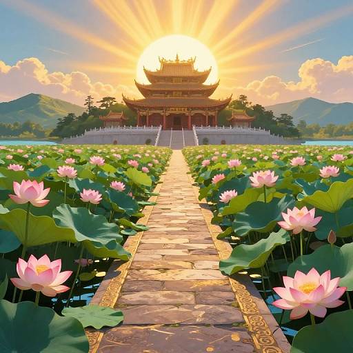 Digital art of a sunlit temple at sunset, flanked by pink lotus flowers on a stone pathway, with mountains and clouds in the background.