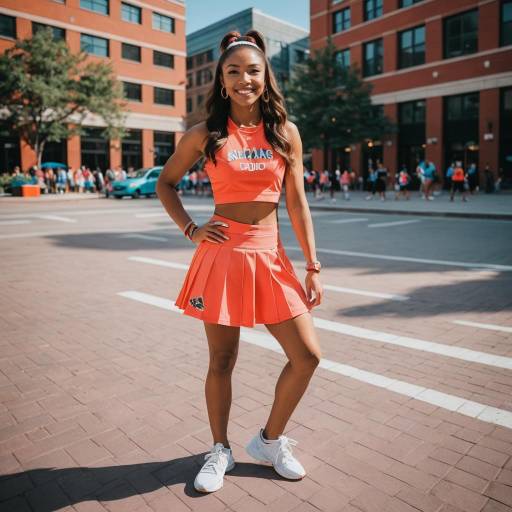Cheerleader in Coral Athletic Outfit Downtown