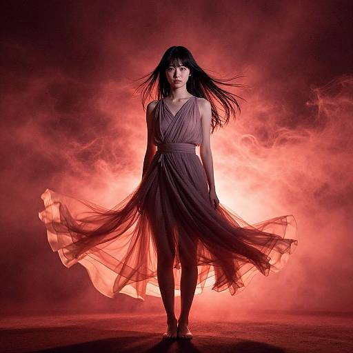 Photograph of a woman with long black hair, wearing a flowing, semi-transparent purple dress, standing in front of a bright red, smoky background