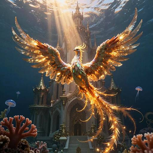 Bioluminescent Coral Phoenix in Submerged Cathedral