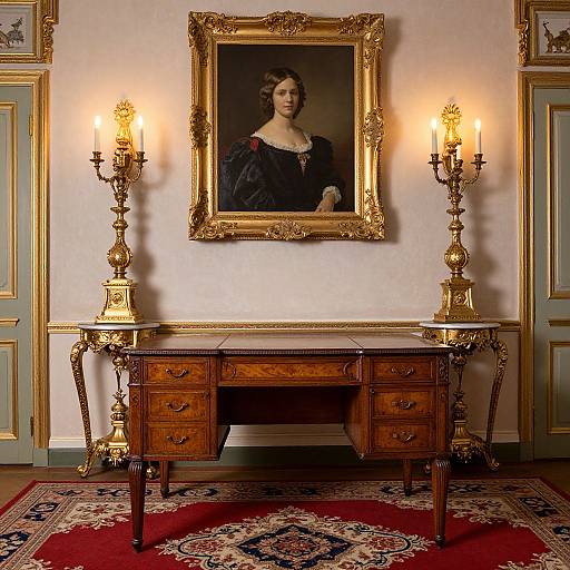 Elegant Victorian room with a wooden desk, gold candelabras, framed portrait, and ornate rug, featuring rich textures and classical decor.