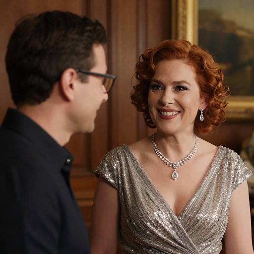 Elegant Woman Smiling at Man Indoors