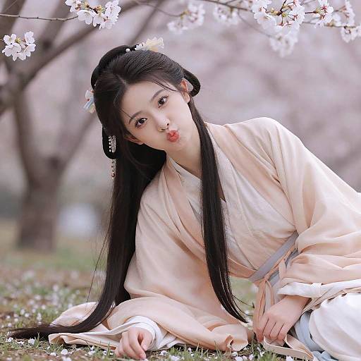 Realistic Hanfu Girl in Cherry Blossoms