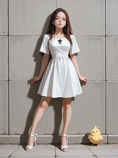 Photograph of an Asian woman with long black hair, wearing a white short-sleeve dress and white heels, standing against a gray metal wall with